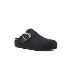 Clog style slip on shoe in soft suede with side buckle. Suede footbed and moulded sole for comfort. Clog Style, Clogs Style, Slip On Shoe, Womens Slides, Slipper Boots, Black 7, Soft Suede, Womens Slippers, Slip On Shoes