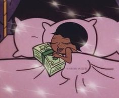 a cartoon character laying in bed with money