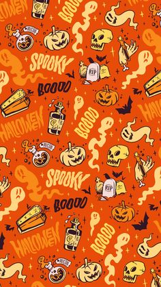 an orange background with halloween related items