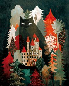 a black cat sitting in the middle of a forest with trees and buildings on it