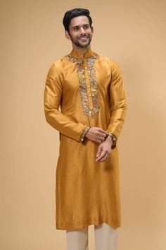 Yellow kurta with placed sequin embellished, floral threadwork placket. Comes with pant. - Aza Fashions Yellow Kurta, Men Kurta, Diana Penty, Luxury Sale, Kurta With Pants, Fashion App, Pants Pattern, Modern Bride, Raw Silk