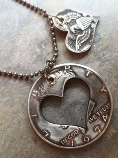 What a great way to celebrate a 50th Birthday or 50th Anniversary! Custom handmade 1974 Heart Necklace handcrafted from a 1974 Half Dollar. I offer these in both a vintage patina shown or polished. I also make a matching Heart Key Chain. Please see our 40th Shop Link below: All jewelry is handmade by me in Astoria, Oregon. Items ship within 3-5 days. Priority Shipping Available If you don't see the year in the shape you want, please send me a custom order request! See our other 40th Birthday or Dollar Heart, Coin Crafts, Coin Jewellery, Birthday Heart, 41st Birthday, Half Dollar Coin, Coin Art, Rustic Romance, Loving Heart