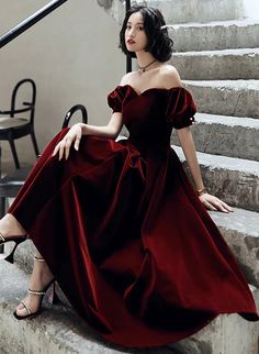 Wine Red Velvet Tea Length Off Shoulder Party Dress. Wine Red Bridesmaid Dress Burgundy Velvet Prom Dress, Black And Red Elegant Dress, Vintage Red Velvet Dress, Short Red Dress Formal Classy, Korean Dress Party Prom, Pretty Red Dresses, Red Aesthetic Dress, Red Dress Outfit Party, Burgundy Dress Formal