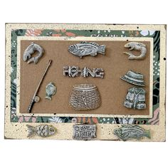 an assortment of fishing related items are displayed on a bulletin board with the words spring spelled out