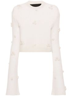 white recycled polyamide-wool blend open knit ribbed trim all-over appliqué detail crew neck extra-long sleeves with flared cuffs straight hem unlined Rotate Birger Christensen, Birger Christensen, Wedding Guest Looks, City Dress, Extra Long Sleeves, Detailed Sweater, Summer Beach Wear, Open Knit, Lady Dior