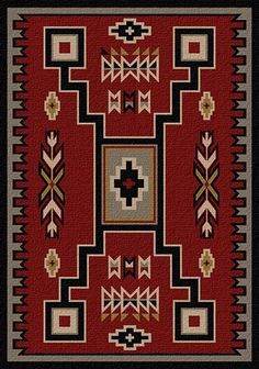 a red and black area rug with geometric designs on the border, in different colors