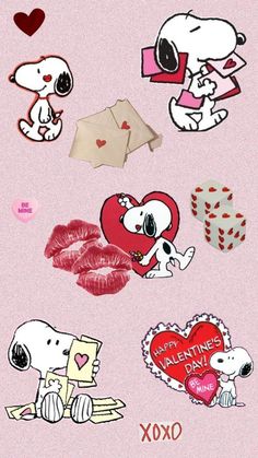 some stickers on a pink background with hearts, dogs and other things in it