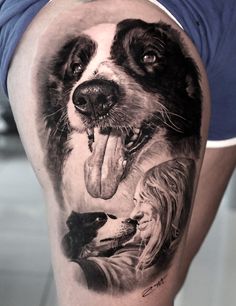 a dog with its tongue out and two lions on it's thigh, all in black and white