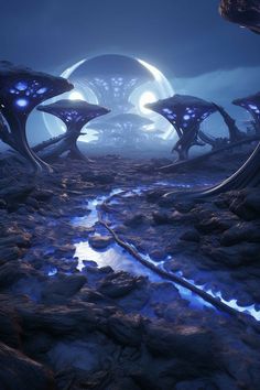 an alien landscape with blue lights and water running through the ground, surrounded by rocks