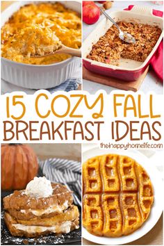 collage of different breakfast foods including waffles, pumpkins and other items