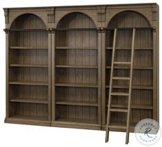 the bookcase is made from wood and has two ladders on one side, and three