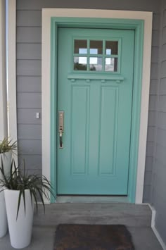 a blue front door on a gray house with potted plant in the foreground