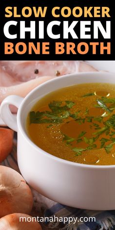 there is a bowl of chicken bone broth on the table