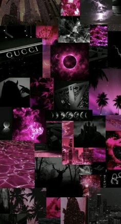 a collage of photos with pink and black images in the middle, including palm trees