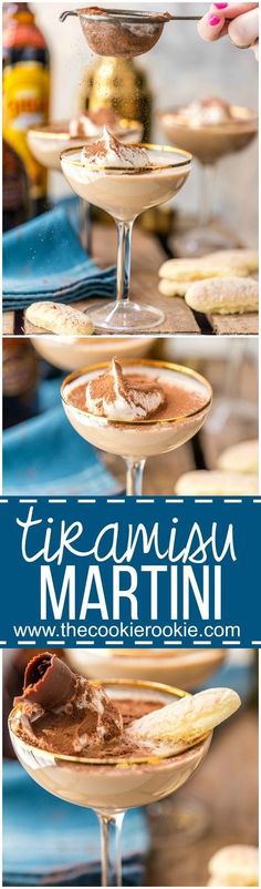 there are three desserts stacked on top of each other with the words tirami martini above them