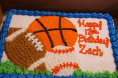 a birthday cake with a football and ball on it