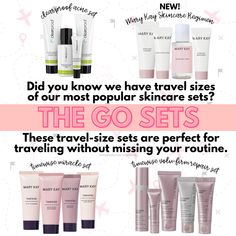 These 'Go Sets' are perfect for keeping your skin glowing on the go! ✈️✨   Which set are you taking on your next adventure?  Tell us in the comments! 🌍💼  #MaryKayWithCatharine #skincare #makeup Mary Kay To Go Set, Mary Kay Travel Sets, Mary Kay Miracle Set, Mary Kay Starter Kit, Clearproof Mary Kay, Timewise Miracle Set