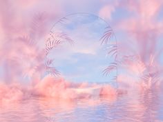 an abstract photo with palm trees and clouds in the background, as well as a circular mirror