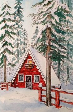 a painting of a red cabin in the snow