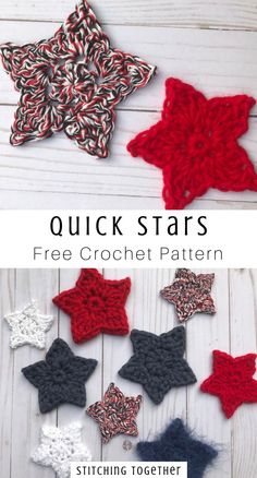 crocheted stars are shown with the text, quick stars free crochet pattern