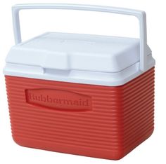 a red and white cooler with the lid up on it's side, in front of a white background