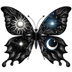 a black and white butterfly with stars on it's wings