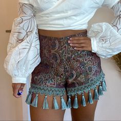 Brand New Never Worn Jacquard Tassel Shorts High Waisted Bohemian High Waist Fitted Shorts, Bohemian High-waist Fitted Shorts, Bohemian Fitted Short Bottoms, Fitted Bohemian Shorts, Bohemian Fitted Short Length Bottoms, Bohemian Style Fitted Short Bottoms, Fitted Blue Bohemian Shorts, Fitted Bohemian Bottoms With Paisley Print, Summer Paisley Print Short Bottoms