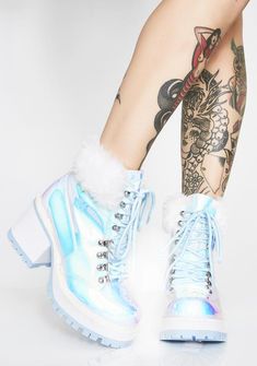 Club Exx Snow Blazin' Hiker Boots | Dolls Kill Cutout Heels, Hiker Boots, Rave Accessories, Harness Boots, Sneakers Blue, Black Booties, Custom Shoes, Wedge Sneaker