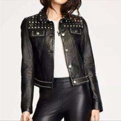 Rebecca Minkoff Black Leather Studded Jacket New With Tags$698 Size: Xxs Rebecca Minkoff Rebecca Minkoff Biker Black Leather Studded Jacket Measurements Under Arms Flat 15" Shoulder Down 18" Bottom Of The Jacket 29" Around Msrp $698 Gucci Prada Leather Grommet Fitted Studded Biker Jacket For Spring, Studded Long Sleeve Biker Jacket For Spring, Fitted Studded Leather Jacket For Spring, Fitted Winter Outerwear With Studs, Winter Fitted Studded Outerwear, Winter Fitted Studded Leather Jacket, Fitted Long Sleeve Studded Biker Jacket, Fitted Winter Leather Jacket With Rivets, Fitted Studded Winter Outerwear