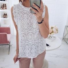 Material:Polyester Clothing Length:Short Style:Streetwear Fabric Type:Broadcloth Sleeve Length(cm):Sleeveless Decoration:Lace Pattern Type:Solid Collar:O-Neck Sleeve Style:Regular Model Number:Women Tops Gender:Women Sleeveless Lace Blouse, White Lace Blouse, Style Streetwear, Lace Pattern, Lace Blouse, Women Tops, Summer Women, Sleeve Styles, Lace Top