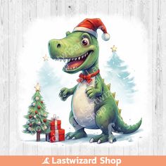 a christmas card with a cartoon dinosaur wearing a santa hat and holding a present box