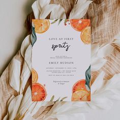 an orange themed wedding card with the words love at first spirit