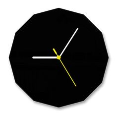 a black clock with yellow hands on a white background