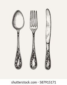 an image of silverware set with spoons and forks in engraving style on white background