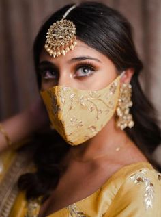 Indian Bridal Face Masks - Yellow Gold Designer Mask Silk Fabric – bAnuDesigns Yellow Cotton Embroidered Fabric For Wedding, Bride Swag, Bridal Face Mask, Designer Mask, Biodata Format, Wedding Dresses Men Indian, Bridal Mask, Fashion Masks, Silk Face Mask