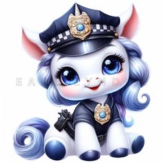 a cute little white cat with blue hair and a police hat