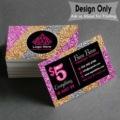 two business cards with pink and gold glitter on them, one has a diamond logo