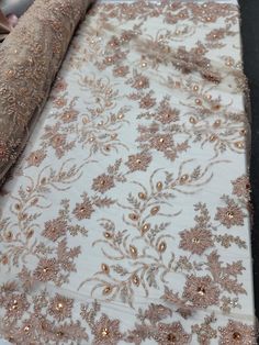 ●52 inch w fabric sold by the yard Bridal Evening Dress, Dress Quinceanera, Rose Gold Beads, Gown Prom, Beaded Lace, Gold Beads, Fabric By The Yard, Floral Embroidery, Painting Ideas