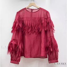 Lasaky - Semi-sheer Fringed Round Neck Long Sleeve Blouse: Luxurious Design with Loose and Unique Fit Smart Casual Wear, Unique Fits, Luxurious Design, Wearing Red, Olivia Mark, Smart Casual, Stylish Design, Neck Designs, Round Neckline