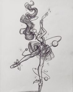 a pencil drawing of a ballerina girl with her arms in the air, holding a hoop