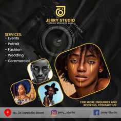 an ad for jerry studio featuring two women and a man with black hair, one wearing a camera