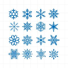 blue snowflakes are arranged in rows on a white tile background, each with different shapes and sizes