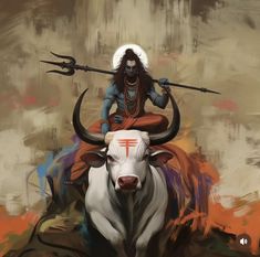 a painting of a person riding on the back of a bull with an arrow in it's mouth