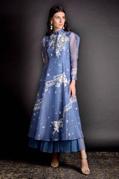 Shop for Sahil Kochhar Blue Noor Silk Organza Layered Dress for Women Online at Aza Fashions Sahil Kochhar Collection, Sahil Kochhar, Cheese Squares, Girls Kurti, Silk Organza Dress, Anarkali Lehenga, Designer Kurti Patterns, Indian Party Wear, Layered Dress