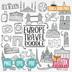 the european travel doodle is shown in black and white