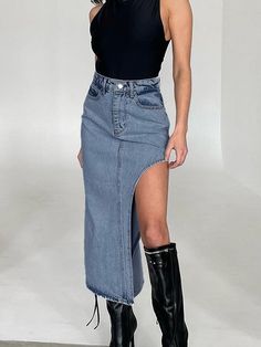 Silhouette: A-LINEMaterial: Polyester Fit Type: Slim FitFabric Type: DenimElasticity: Slight StrechDresses Length: Mid-CalfDecoration: Asymmetrical Side Split Skirt, Skirt Streetwear, Skirt Heels, Split Skirt, Denim Skirts, Straight Dress, Skirt Women, Jeans Rock, Side Split