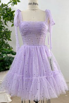 MissJophiel Corset Lavender Star Tulle Dress with Removable Tie Straps Lavender Homecoming Dress Hoco, Purple Dress Fancy, Dama Purple Dresses, One Pieces Dresses, Purple Formal Dresses Short, Short Light Purple Dress, Speak Now Inspired Dress, Tulle Hoco Dress, Light Purple Dress Sweet 16