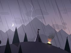 an animated image of a mountain with trees and a campfire in the foreground