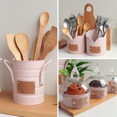 four different pictures of utensils and spoons in pink containers on a shelf