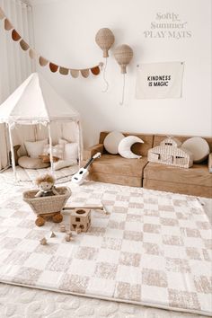 a living room filled with lots of furniture and decor on top of a white rug